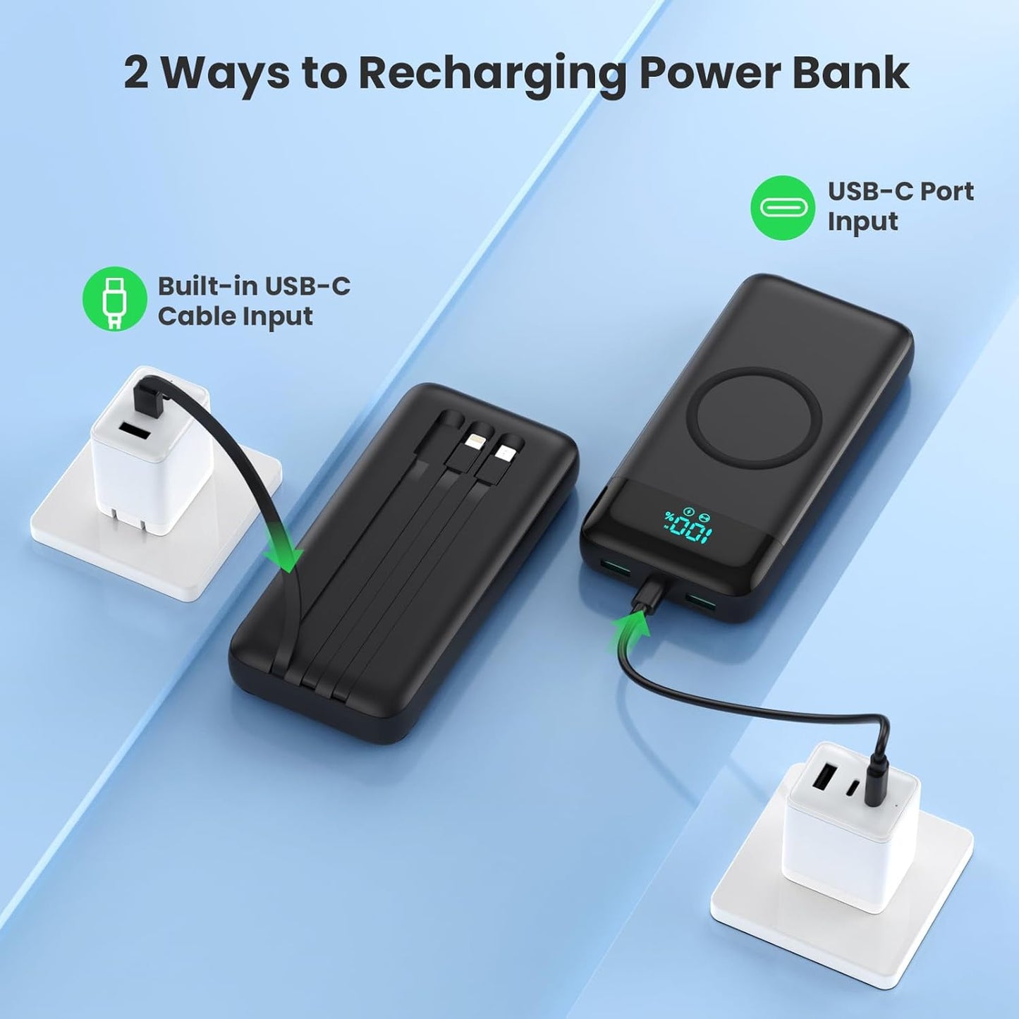 Wireless Portable Charger with 3 Built-in Cables
