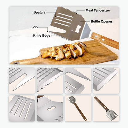 5-in-1 BBQ spatula with knife and fork, multi-functional BBQ tool bottle opener