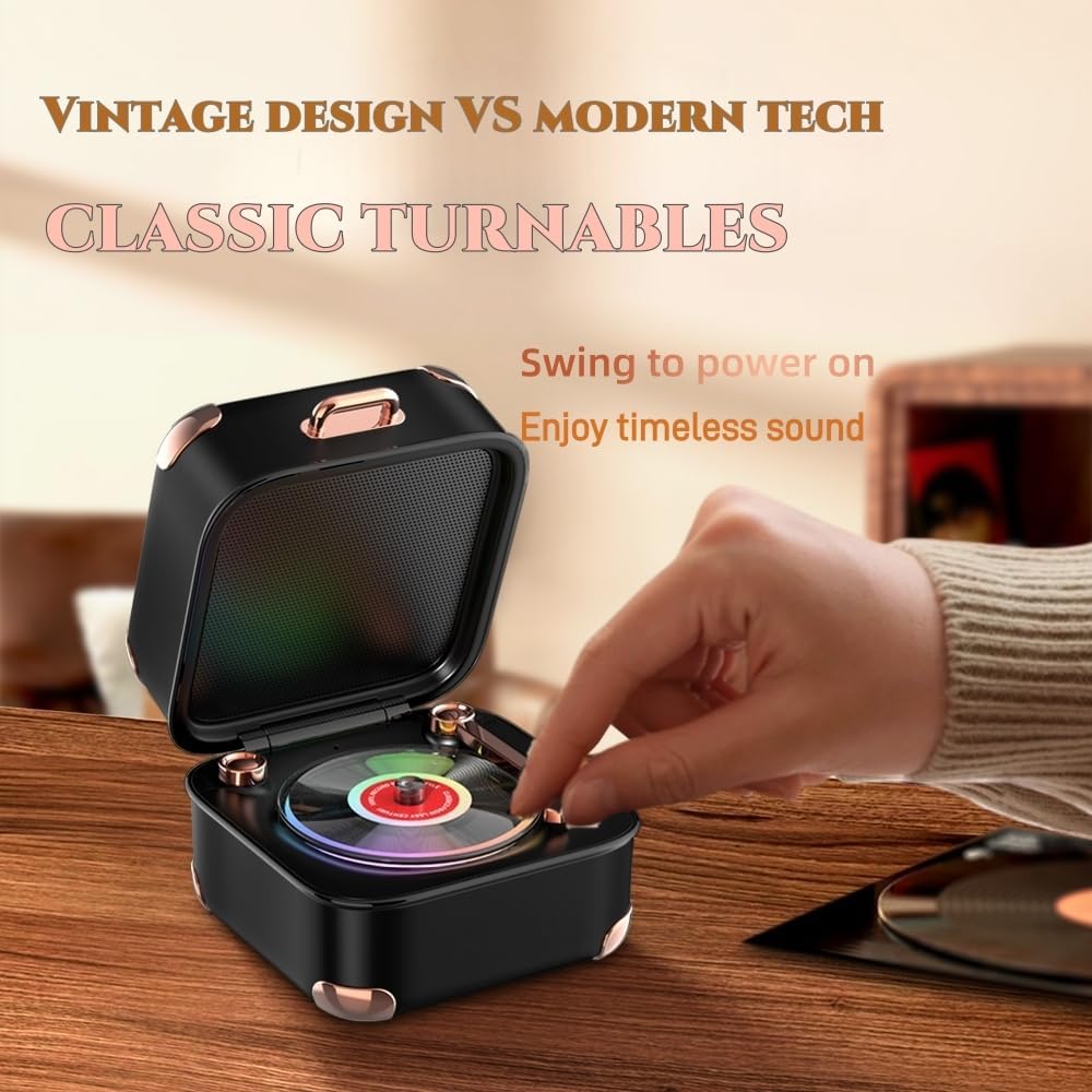 Retro Bluetooth speaker with RGB vinyl lights, turntable, and small record player