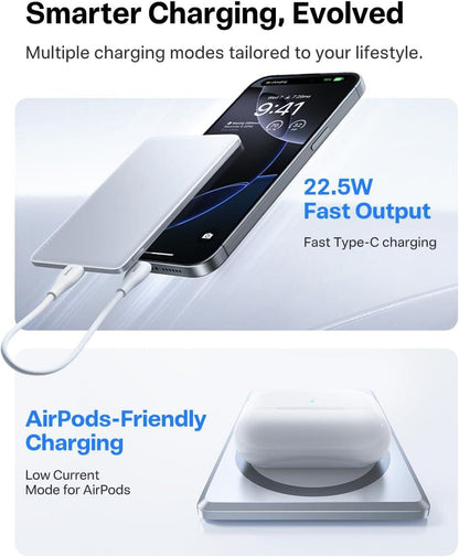 Power Bank, Ultra Slim 5,000mAh Wireless Portable Charger with USB-C Cable, Fast Charging