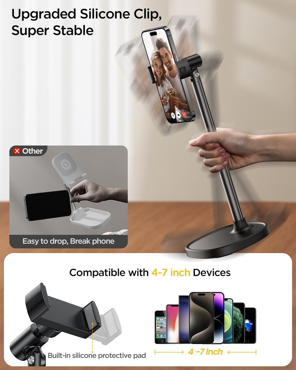 Adjustable and retractable desktop mobile phone holder
