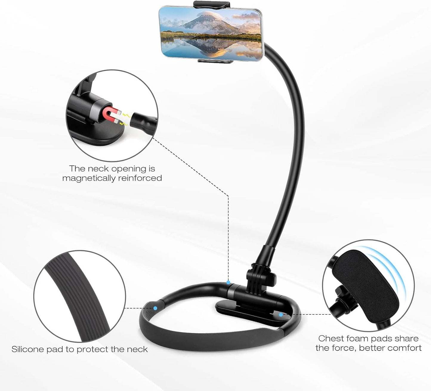 Mobile phone holder, neck mobile phone holder, hands-free flexible gooseneck mobile phone holder