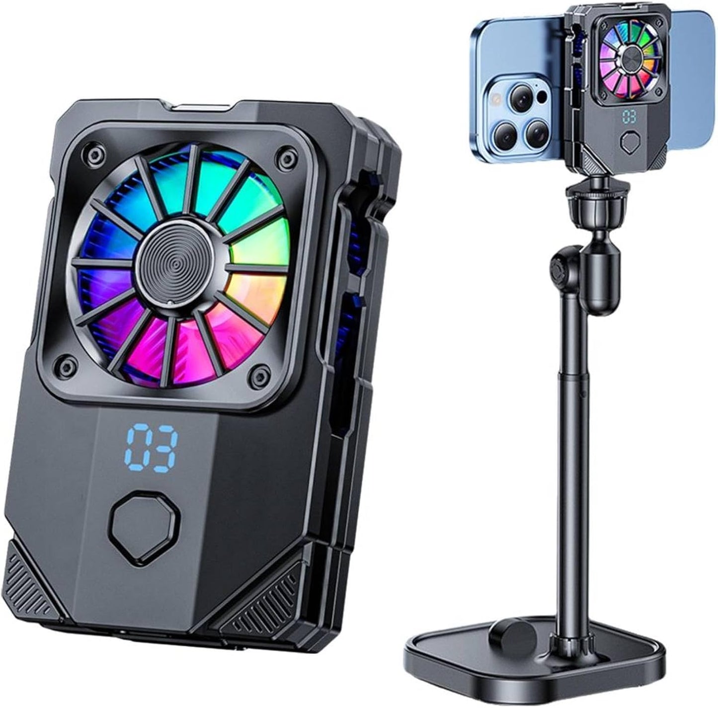 Phone Cooler, Phone Cooler Back Clip for iPhone Android Smartphones with Rechargeable Battery (with Desktop Stand)