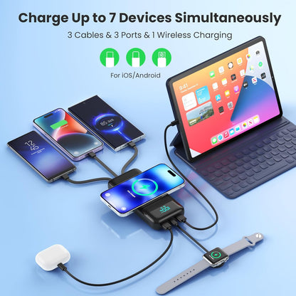 Wireless Portable Charger with 3 Built-in Cables
