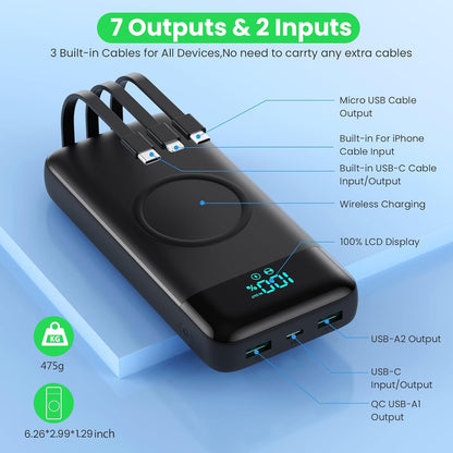 Wireless Portable Charger with 3 Built-in Cables