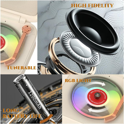 Retro Bluetooth speaker with RGB vinyl lights, turntable, and small record player
