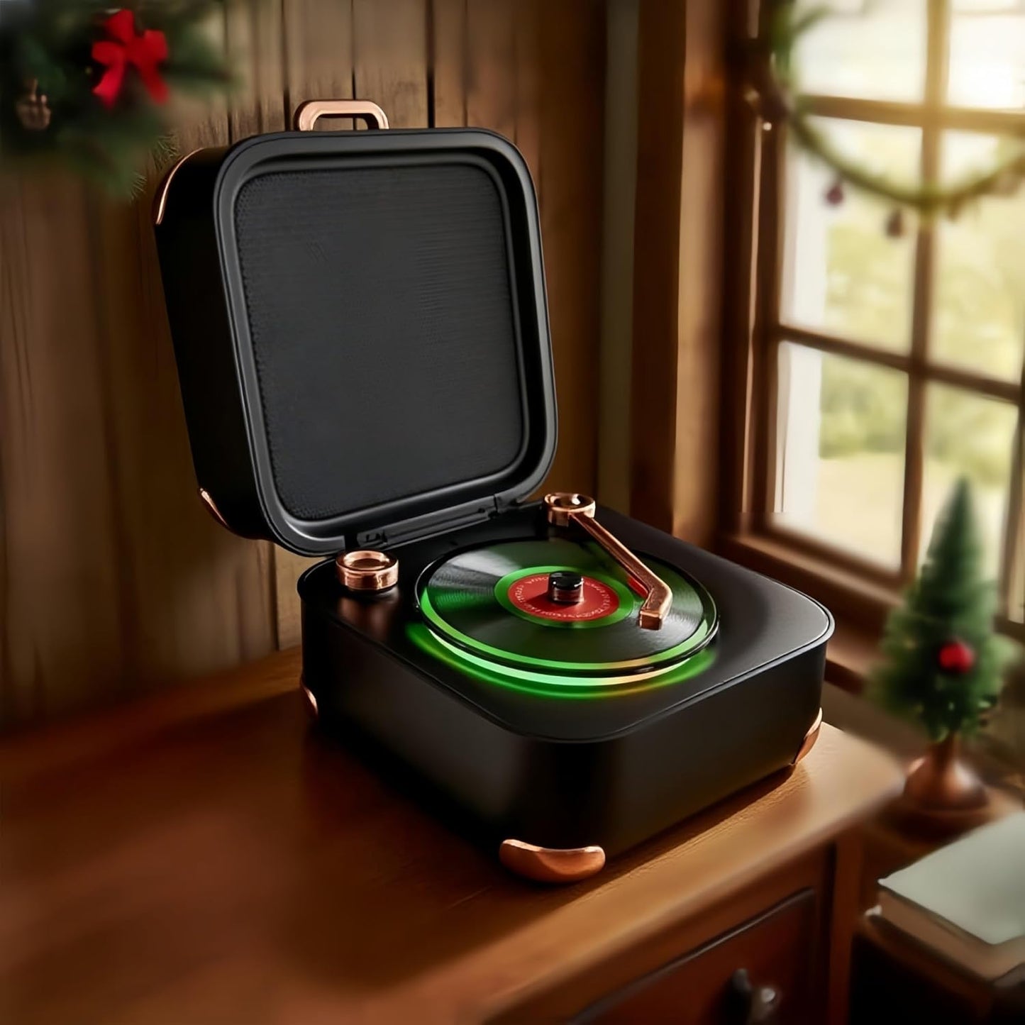 Retro Bluetooth speaker with RGB vinyl lights, turntable, and small record player