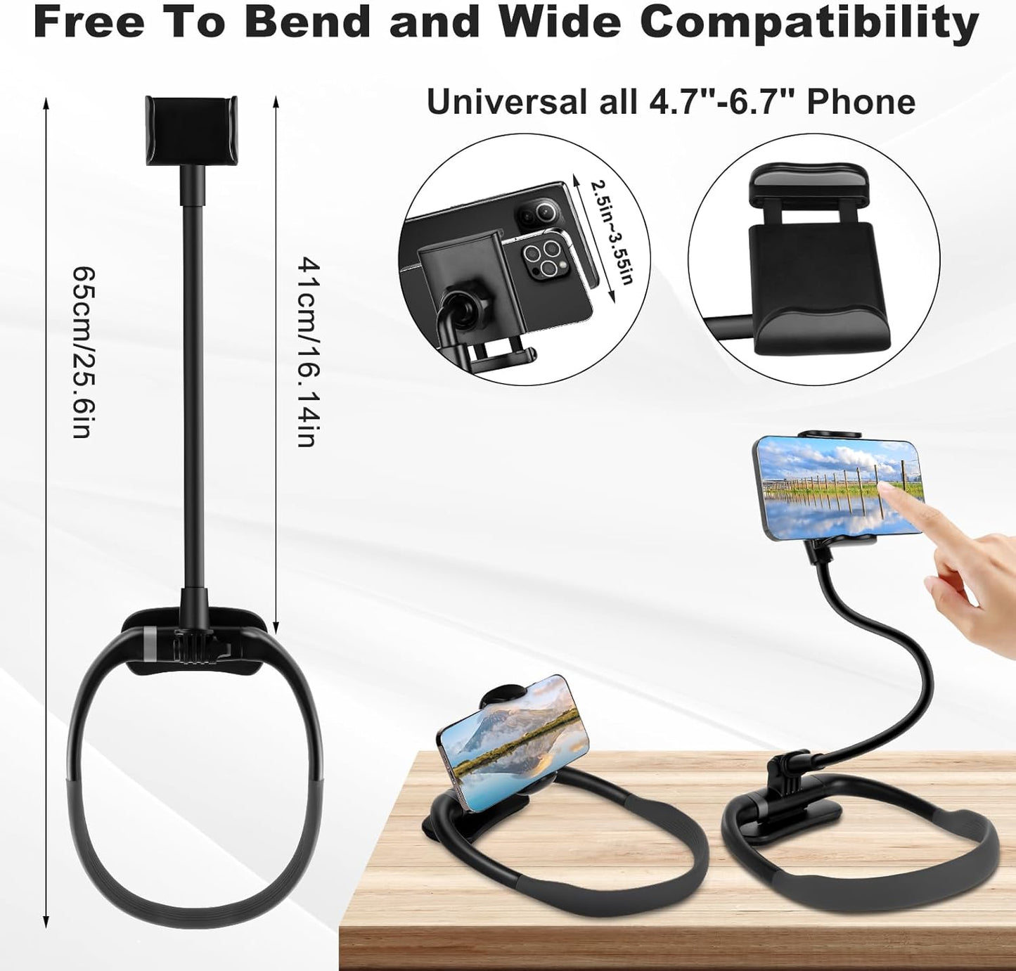 Mobile phone holder, neck mobile phone holder, hands-free flexible gooseneck mobile phone holder