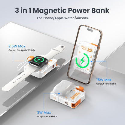 5-in-1 Magnetic Power Bank Built in AC Plug,Magnetic Wireless Portable Charger for Apple Watch