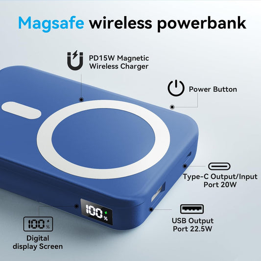Magnetic Power Bank, 10000mAh Wireless Portable Charge, Foldable Stand & LED Display Battery Pack