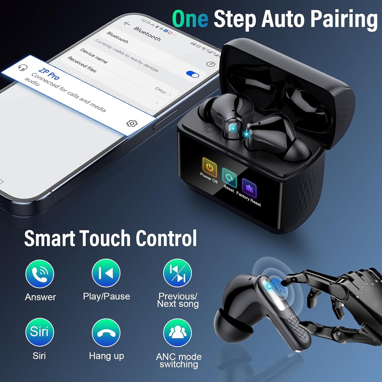 Wireless Earbuds, Bluetooth 5.4 Headphones with Multi-Function Touchscreen, 5 EQ Modes, Black