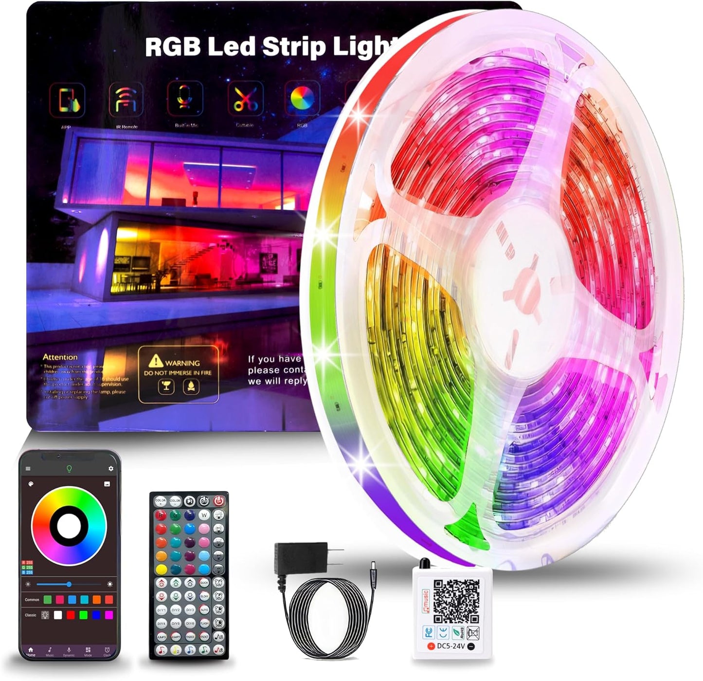LED Light Strip 50ft (1 Roll), Color Changing RGB LED Light Strip with 60 Remotes and App Control, Music Sync