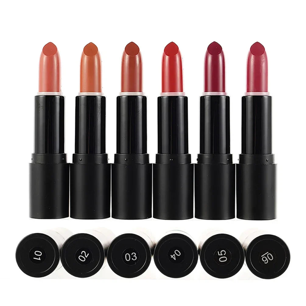 6-color Matte Private Label Solid Lipstick Custom Logo Velvet Black Tube Package Lipstick Bulk 5g Moisture Long-lasting Makeup