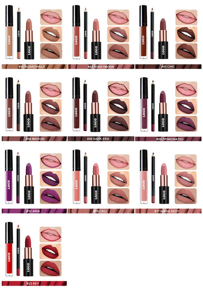 Private Label White Matte Lipstick & Lipliner pencil & Lip Gloss 3 Sets Kit Custom Logo Makeup Wholesale Cosmetics Full Set